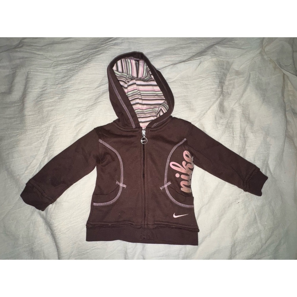 Nike brown and pink full zip fleece hoodie jacket infant size 12 months